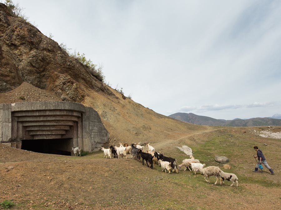 <p>Connecting one of the region&rsquo;s oldest livelihoods with one of its newest relics, a shepherd, <em>top</em>, leads his flock to shelter in a concrete bunker built by Italy in World War <span class="smallcaps">ii</span> near the village of Babjë, east of Elbasan.</p>
