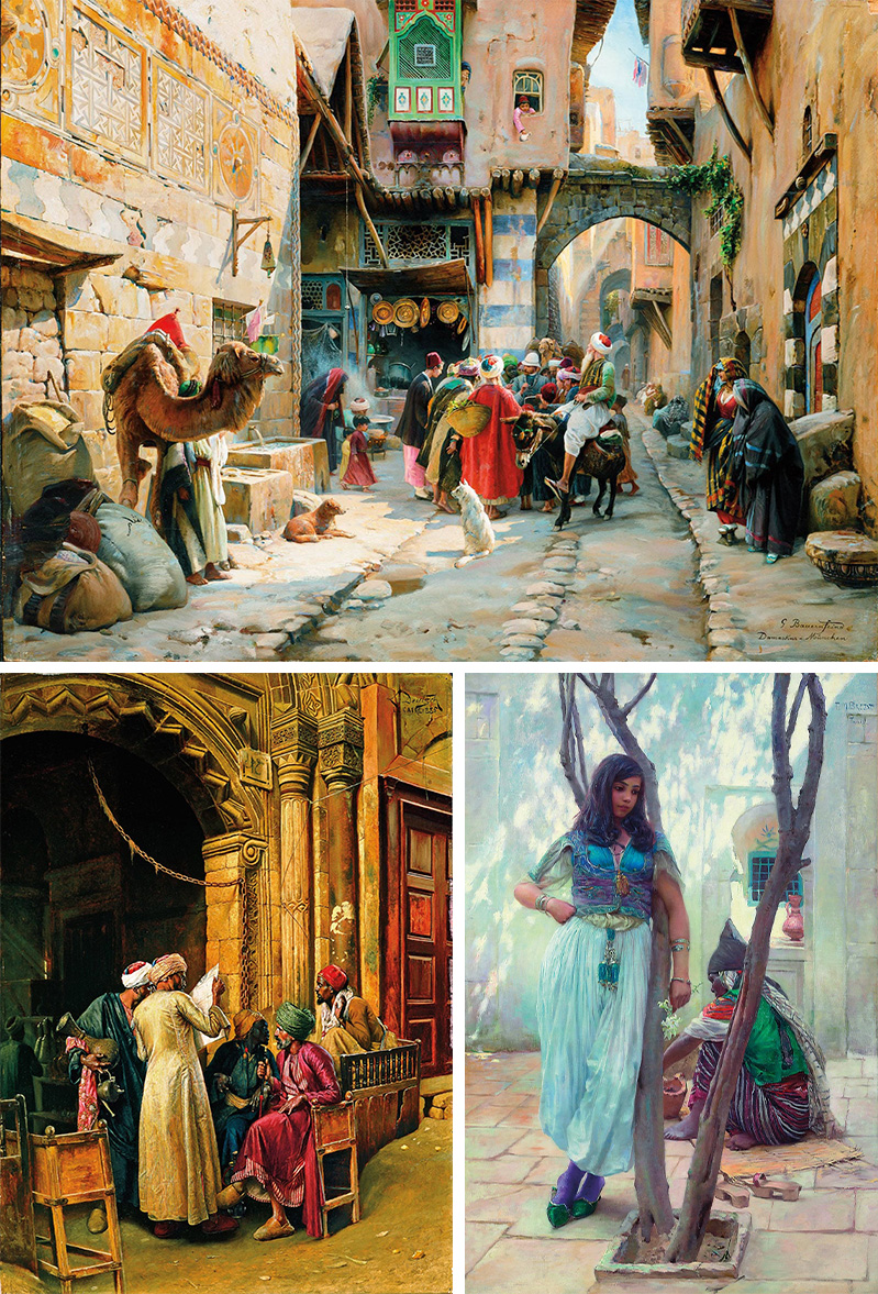 Around 1887 Gustav Bauernfeind, who had trained as an architect, painted himself into the center of a gathering crowd in “A Street Scene, Damascus.” 