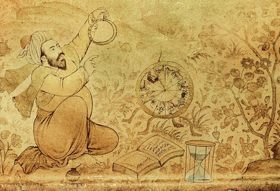 <p>An early 17th-century Mughal drawing shows an astrologer with an astrolabe, zodiac tables and hourglass.</p>
