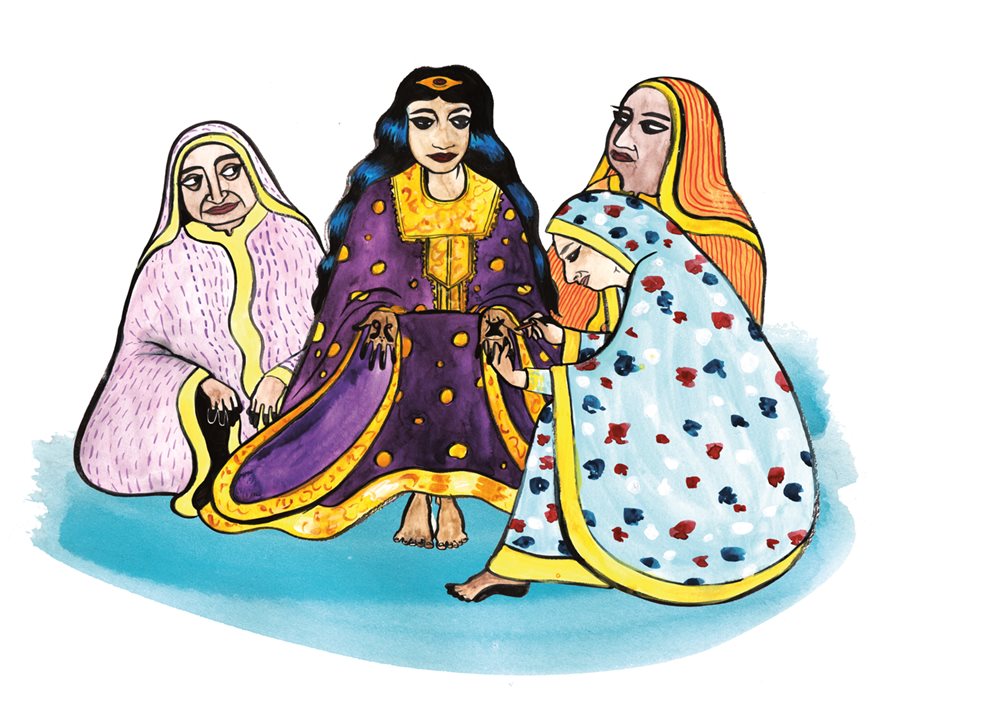 <p>Just before her wedding, a bride wearing an Emirati-style thobe is being decorated with henna. The henna artist and her companions wear the <em>korar</em>, a less extravagant style usually made of cotton or polyester, often from printed fabric. Although the korar has been traditionally favored by older women, younger women are adopting it today as an informal cover-up.</p>