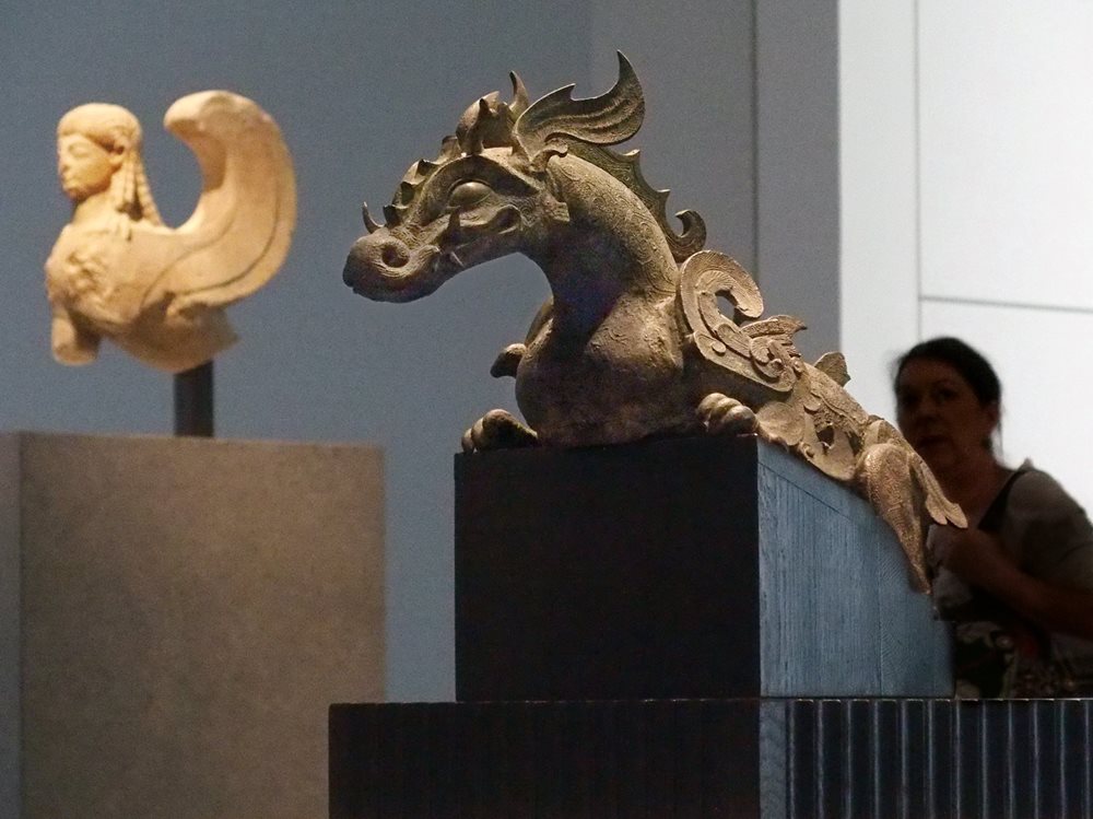 Fantastical and fearsome, artisans gave form to mythical winged creatures, from the Mediterranean, where this limestone sphinx was carved in Greece or Italy in the sixth century <span class="smallcaps">bce</span>, to northern China, where this bronze dragon was produced a century or more later.