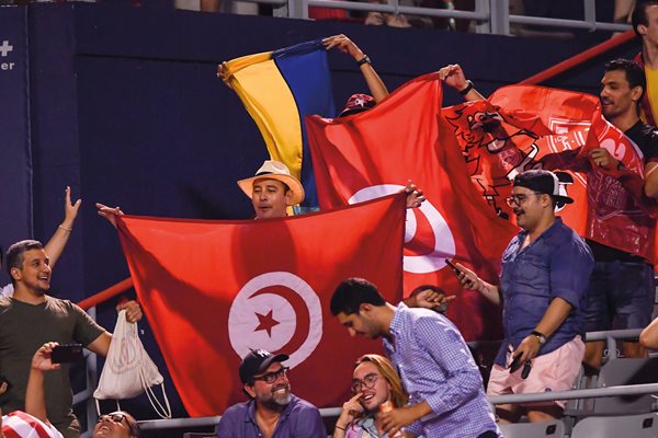 Jabeur fans show national pride on August 13 during the Women’s Singles third-round match between Jabeur and Bianca Andreescu at the National Bank Open presented by Rogers at IGA Stadium in Montreal. Fan enthusiasm on Jabeur’s court often reaches levels of volume comparable to major soccer games.