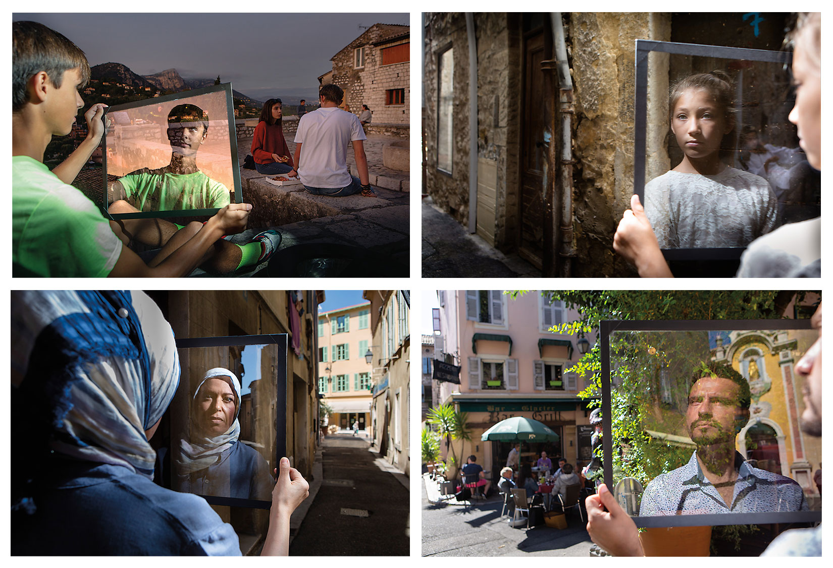 One day I encountered a photo of a man looking through a car window as sunlight reflected his view of the nearby cityscape. Soon afterward, I began this portrait series, of which four images are shown here, in my hometown of Vence, near Nice, France. I photographed residents in moments of daily life while looking through glass, and I added further perspective with interviews. It was a challenge to create such multilayered narrative portraits, especially as 
I was determined to avoid digital retouching. The area before the glass had to be in deep shadow for the reflected scene to be visible. The reflected scene, in turn, had to be extremely bright. My subjects had to hold the glass in a precise position while excluding me, the camera, and my assistant holding the softbox flash that provided supplementary light.