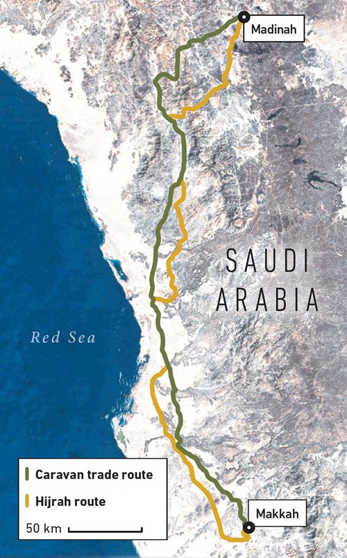 Research by Abdullah Alkadi produced the most authoritative map to date of the route of the Hijrah, which largely avoided the well-traveled caravan route that follows the west coast of the Arabian Peninsula along the Red Sea. The route linked not only Makkah and Madinah but also points south and with others to the north including Egypt, Syria and Turkey.