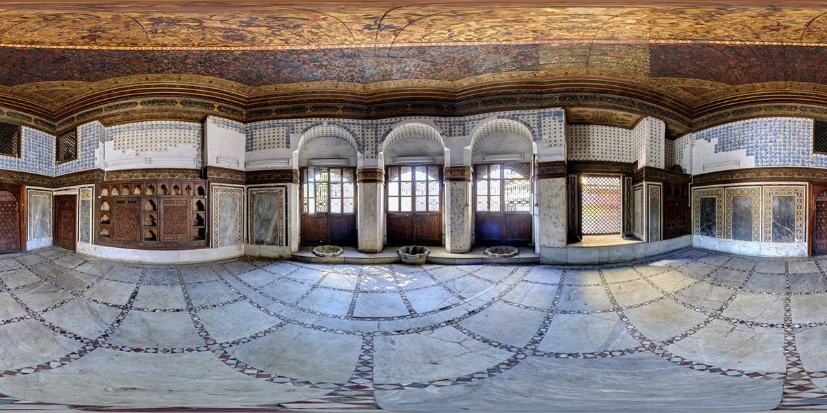 a 360-degree image is flattened to show the floor-to-ceiling intricate detail in the sabil-kuttab.