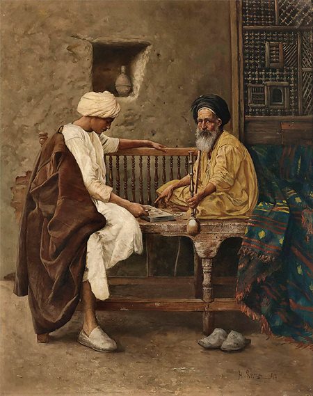Hungarian painter Hermann Reisz depicted men of two generations at an unspecified location in 1897 in “Playing a Game of Mancala.” 