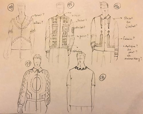 Khoja says his process often starts with simple mood boards, which lead to sketches such as these from the 2019 collection. Fabrics, patterns and samples follow.