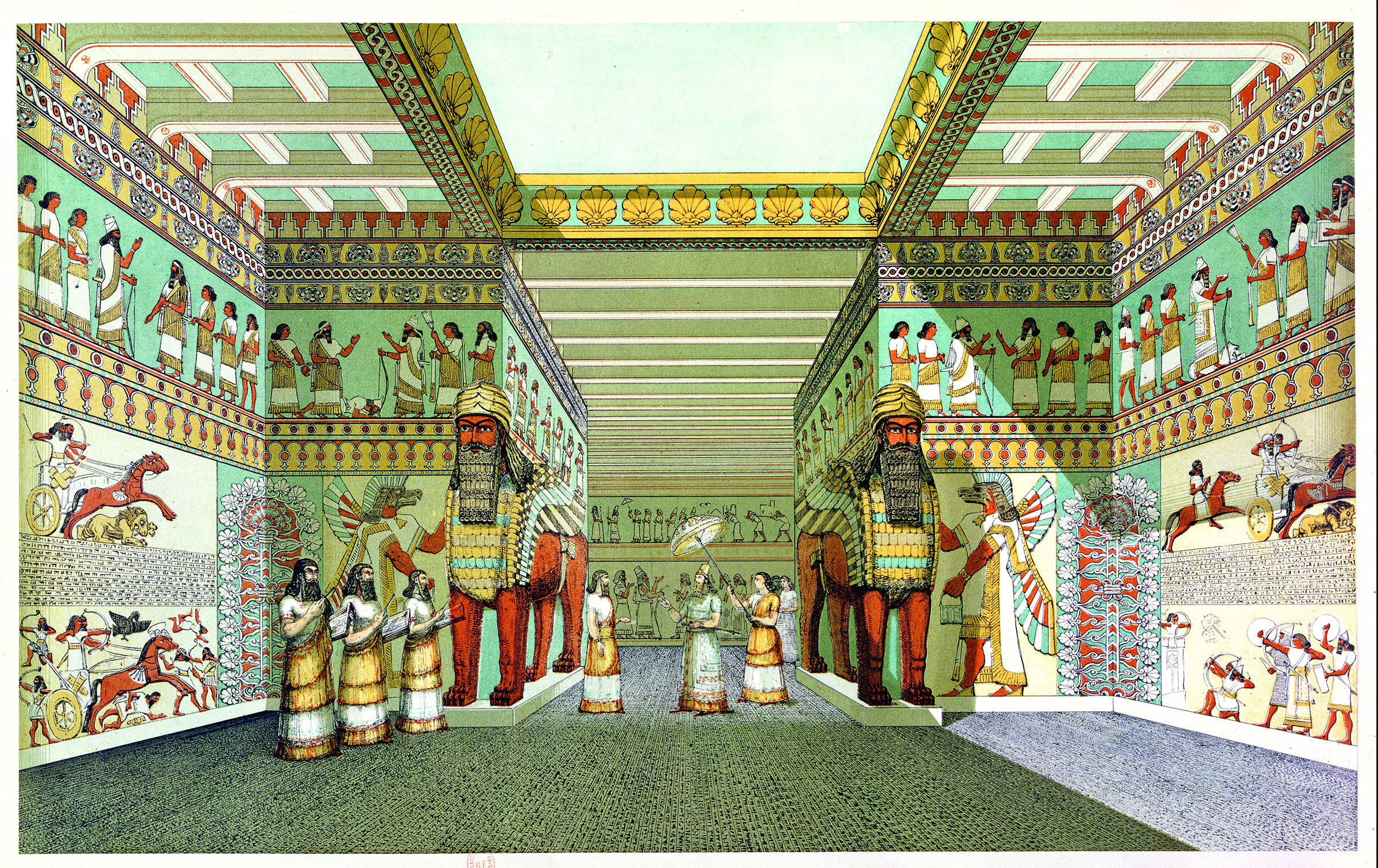 <p>This artist&rsquo;s depiction of the grand entrance to a four-chambered temple built by Ashurnasirpal <small>II</small> at the northwest part of Nimrud was excavated under Layard and Rassam in 1846. It shows the human-headed lions that today stand on display in London <i>(next)</i>; the artist also showed the palace in the vivid colors that may have resembled its original condition.&nbsp;</p>
