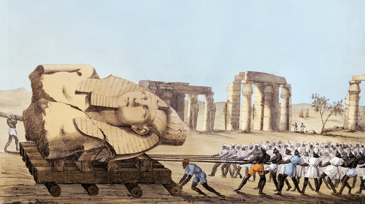 At the height of the summer in 1816 Belzoni used his circus-proven, weight-levering know-how to succeed where Napoleon and his troops had failed: He lifted the bust of Ramses <span class="smallcaps">ii</span> from the Ramesseum, the pharaoh’s mortuary temple in Thebes, and hauled it to the nearby Nile. To get the statue out of the temple, however, Belzoni broke the bases of two columns.