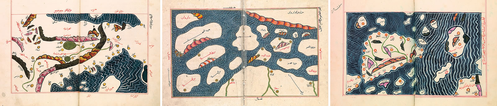 Three 16th-century copies of al-Idrisi’s original folios show, from left, Cyprus and the Levant, part of the east coast of China, and Sicily.