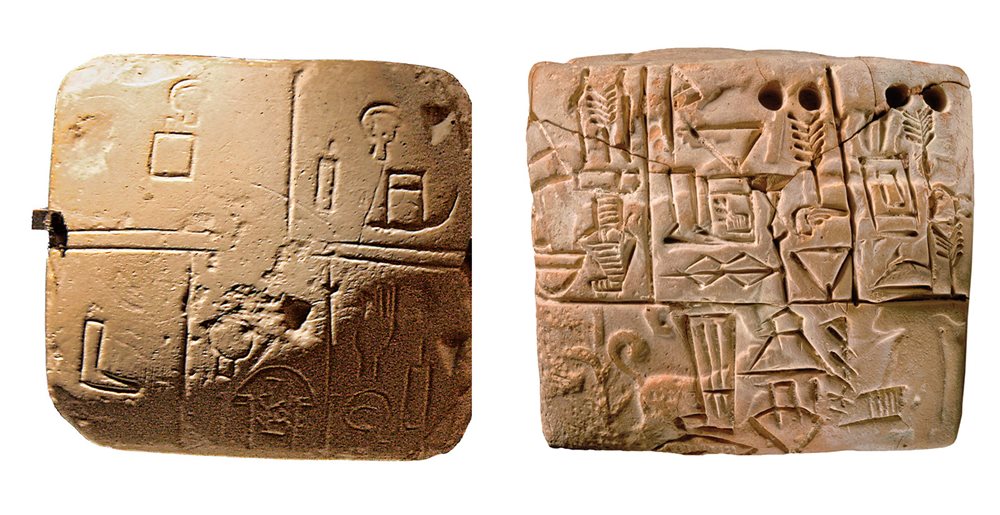 <p class="label">Left: Sumerian, ca. 3200 <span class="smallcaps">bce</span>, Mesopotamia&nbsp; / Right: Sumerian, ca. 3100 <span class="smallcaps">bce</span>, Mesopotamia</p>
Cuneiform developed from pictographic characters, called proto-cuneiform, such as those that appear on the tablets <b>above, left and right</b>. Such very early writing was most commonly a way of recording economic information: The tablet at top right most likely documents grain distributed by a large temple, and it shows also faint imagery produced by the rolling of a cylinder seal. More than 2,000 years later, the pictograms had become complex signs skillfully impressed into clay.