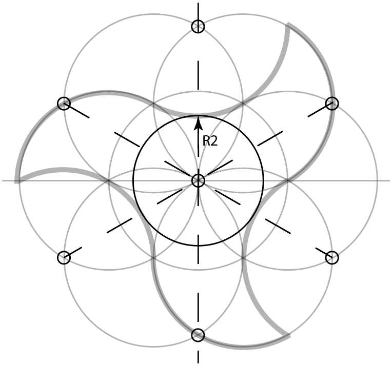 7. To produce pajaritas with inset hexagons or six-pointed stars, sketch in the three-fold radial axes and add a new proportioning circle in the center, Radius R2. 