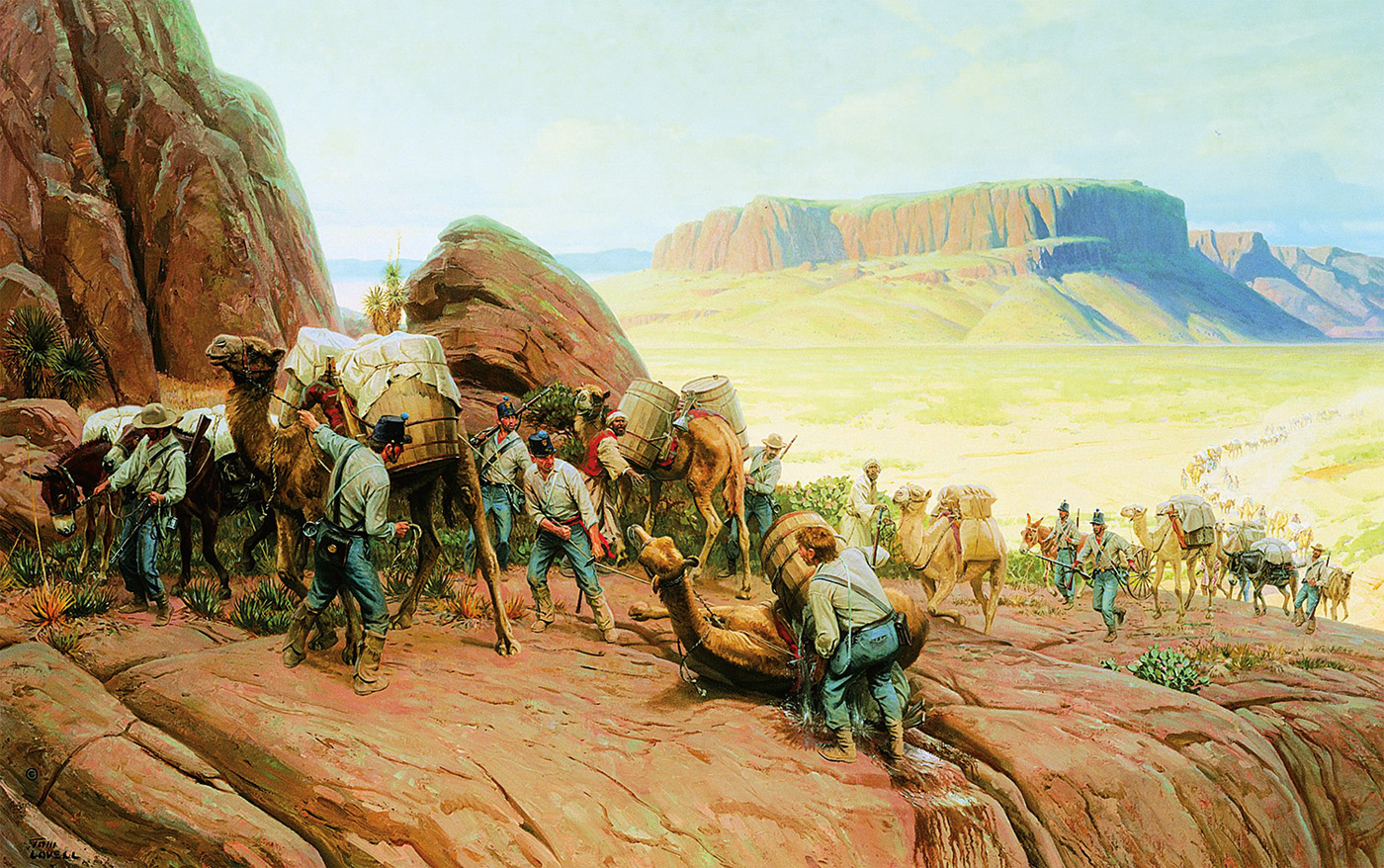 Laden with two wooden barrels of water during a June 1859 US Army camel corps expedition in Southwest Texas, a camel slipped on the smooth rock, and its fall broke one of the precious barrels. The incident was illustrated by artist Thomas Lovell, who included Hi Jolly in the scene, just above the fallen camel’s head.