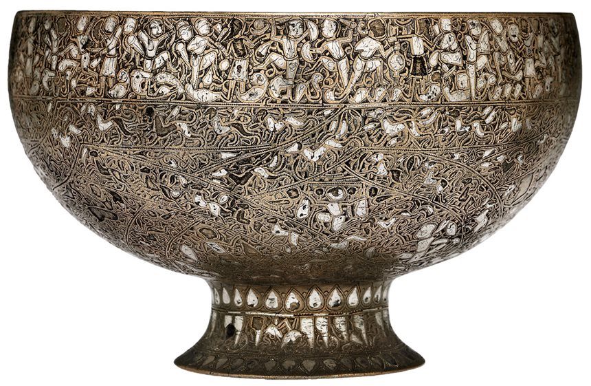 Fit for a royal banquet, at 11.5 by 16 centimeters (4.5x6.3 inches), this drinking cup is most famous for its band of “animated script,” in which humans in various poses form Arabic words offering praise and good fortune to its owner. Made between 1200-1222, it is referred to as the Wade Cup, after J. H. Wade who bequeathed the funds for its acquisition to the Cleveland Museum of Art.