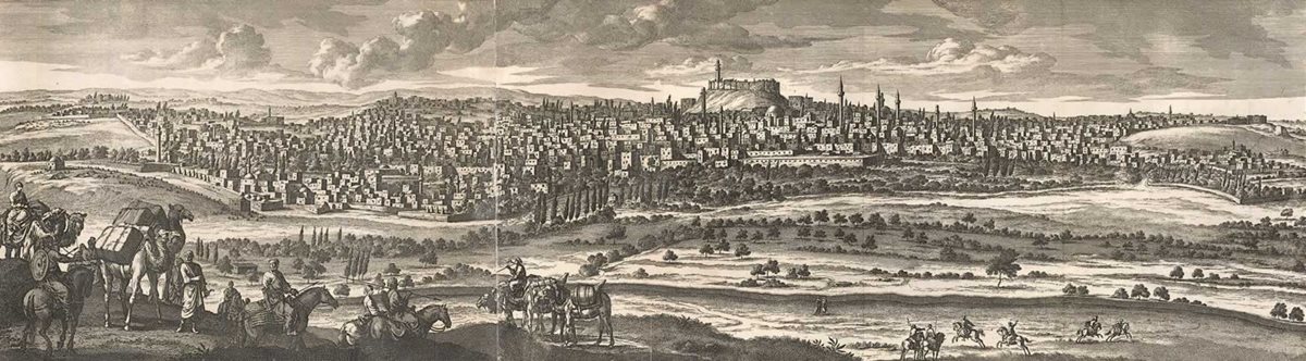 This view of Aleppo dates to the 18th century and corresponds roughly with the map of the city Niebuhr drew, which appears <em>below, left</em>.