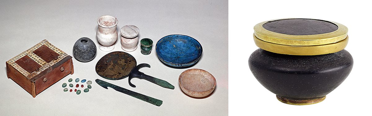 Kohl was one of several cosmetics known in Egypt, as witnessed by a royal make-up kit, lower left, and a finely polished kohl jar, made of obsidian with a gold-rimmed lid, center. Right Kohl has remained popular ever since, and artist Kees van Dongen’s 1919 portrait “The Corn Poppy,” showing a kohl-eyed model wearing a bright hat, is one of the Dutch artist’s most popular paintings.