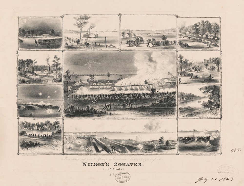 This 1863 print depicts scenes from the campaigns of Wilson&rsquo;s Zouaves, the 6th New York Infantry Regiment, from 1861 to 1863 in Florida and Louisiana. Unlike many other Zouave regiments that suffered high casualties, the 6th New York lost only 46 of its 770 members.&nbsp;
