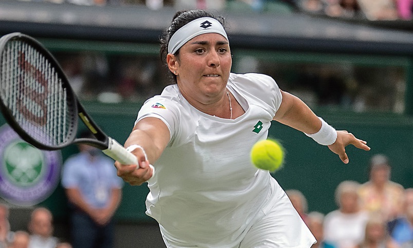 Jabeur plays a forehand in the quarter-final match against Aryna Sabalenka on July 6 at the Wimbledon championships. 