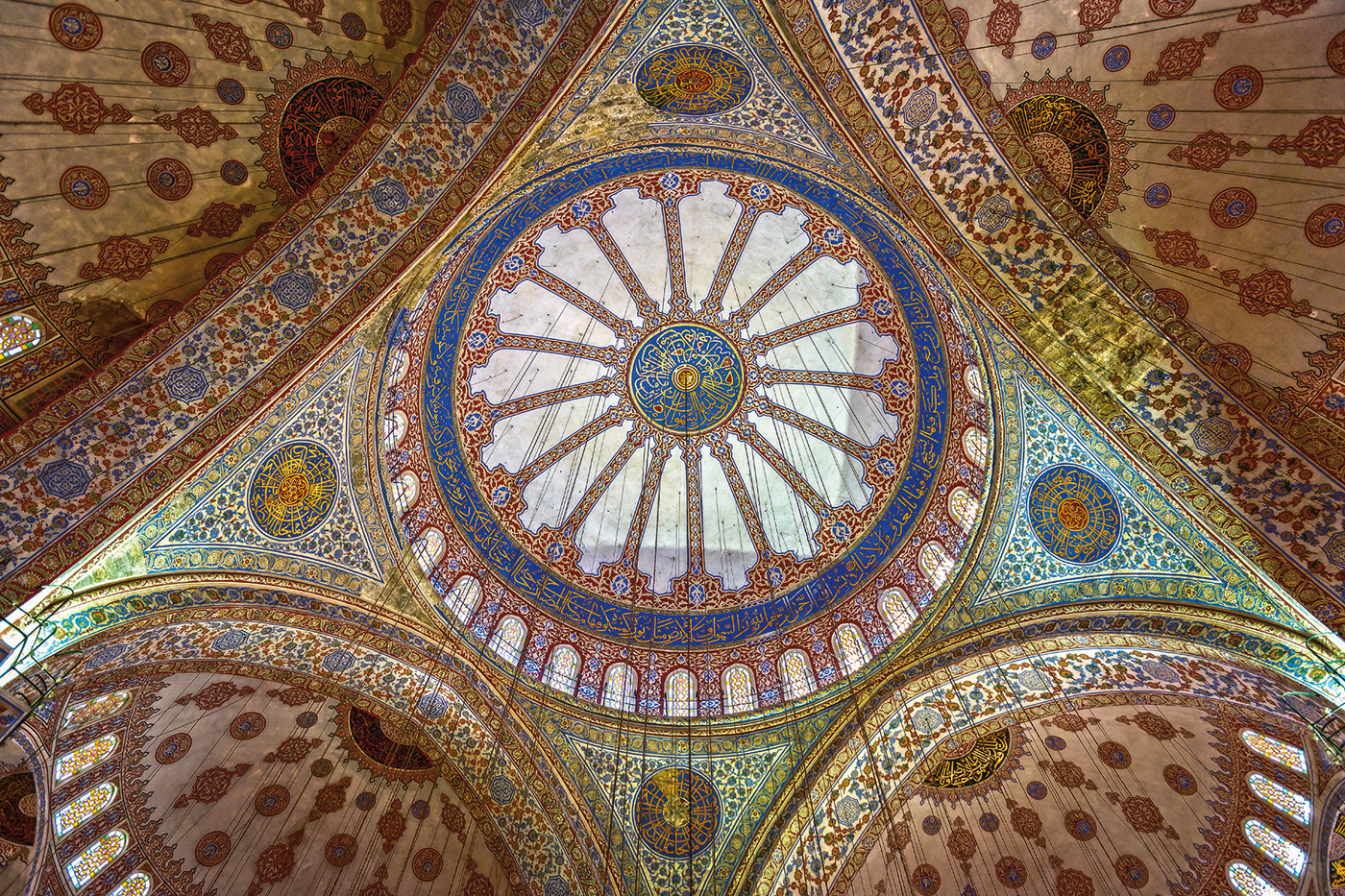 The vaulted ceiling, domes, columns and walls of the Sultan Ahmed Mosque, or “Blue Mosque,” in Istanbul, Turkey, are covered with some 20,000 hand-painted ceramic tiles that feature more than 50 designs. The tiles were produced in Iznik, which at the time of the mosque’s construction, between 1609 and 1616, had become the leading ceramics center of Ottoman Turkey. 