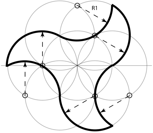 6. Again using Radius R1, but with a bolder line, find the six points shown and use them to draw the contours of the curvilinear pajarita motif. This can be filled with a solid color, as shown in step 10.