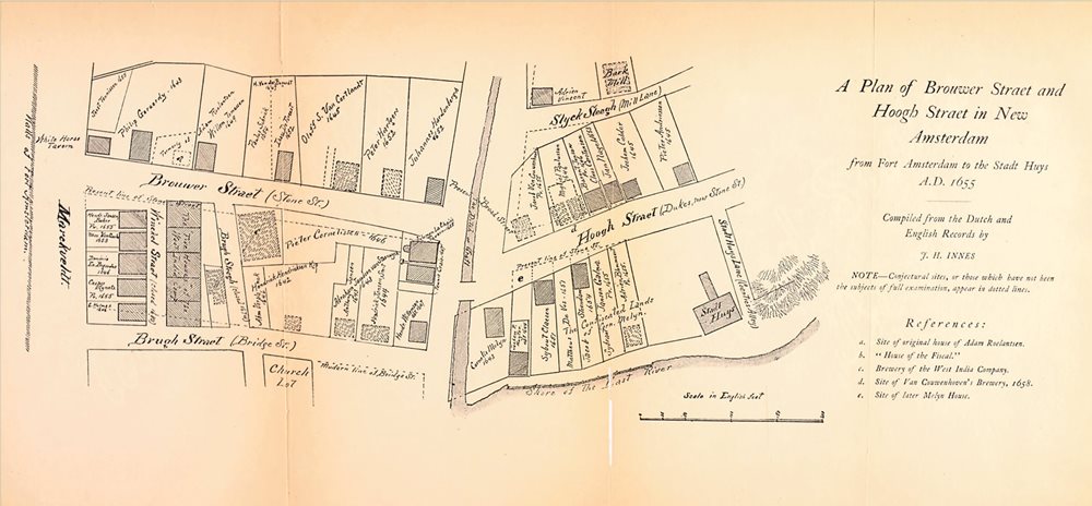 This 1902 map of van Salee’s neighborhood along Brugh (Bridge) Straet in Manhattan, where he returned in the 1640s and later lived out the rest of his days, lists the residence of “Anthony Jansen’s” across the street from the “Church Lot.” Today, right, the site is a small parking lot. 
