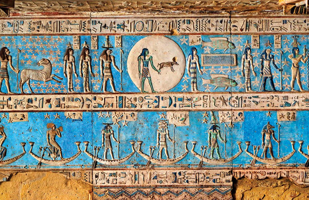 Using blue to represent the heavens, Egyptian artists of the first century BCE produced ceiling reliefs in the Hathor Temple in Qena, Egypt, that depict the zodiac.&nbsp;