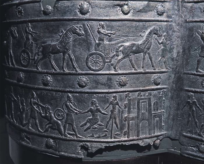 <p>Among Rassam&rsquo;s other notable finds were 16 bronze bands embossed and engraved with figurative scenes and called the Gates of Balawat, after the village, some 15 kilometers northeast of Nimrud, near which they were found. The bands adorned a pair of wooden doors to a palace of Shalmaneser iii. This particular band shows the Assyrian conquest of Khazazu, a city in northwestern Syria known today as Azaz.&nbsp;</p>
<br />
&nbsp;