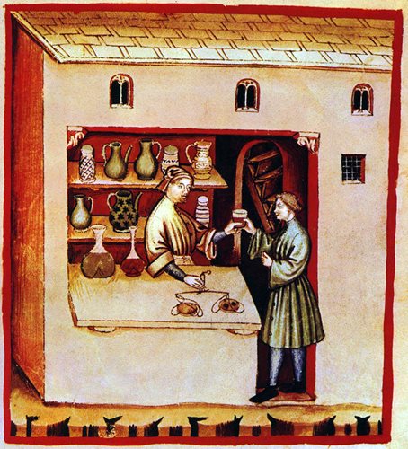This depiction of an early European apothecary appeared in <em>Tacuinum Sanitatis</em>, a 14th-century Latin translation of Ibn Butlan&rsquo;s 11th-century <em>Taqwim al-Sihah </em>(<em>Maintenance of Health</em>).&nbsp;