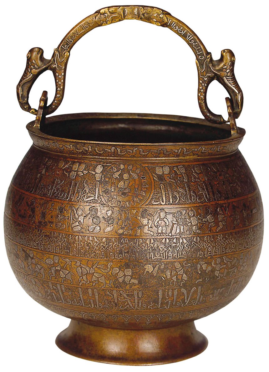 This bronze vessel made in Herat, Khorasan, is embellished with silver and copper inlay work and most commonly known as the “Bobrinsky bucket” after a former owner, Count Alexei Alexandrovich Bobrinsky. An inscription on the handle dates the bucket to the month of Moharram in the year 559 AH or December 1163 CE, while the inscription running around the rim reveals that the vessel was created by two craftsmen, one of whom was probably the founder who cast it, the second the artist who did the inlays. 