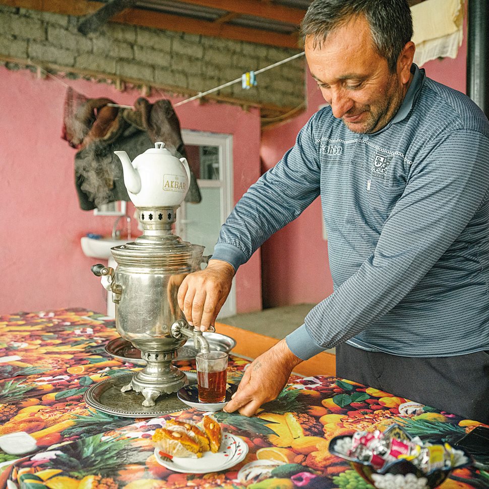 A man pours çay (black tea) at the Eltchin guesthouse in Qalayxudat. Çay is by far the most popular drink in Azerbaijan—and has been since the 18th century. Although originally brought from China, some is now grown locally. Tea fields dot the landscape around Baku, and hand-picked teas and fruit infusions are served at restaurants near the fields.