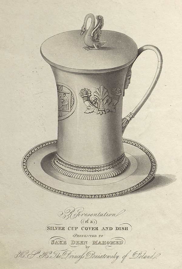 Among the devotees of Mahomed&rsquo;s bathing techniques was Princess Poniatowsky, niece of the King of Poland, who in 1826 presented a silver cup, cover and dish in gratitude for &ldquo;perfect recovery in consequence of the treatment.&rdquo; Mohamed&rsquo;s own recovery saw him remake his career from a struggling London restaurateur to owner of several successful bathhouses in Brighton and the prestigious title of &ldquo;shampooing surgeon&rdquo; to King George <span class="smallcaps">iv</span>.