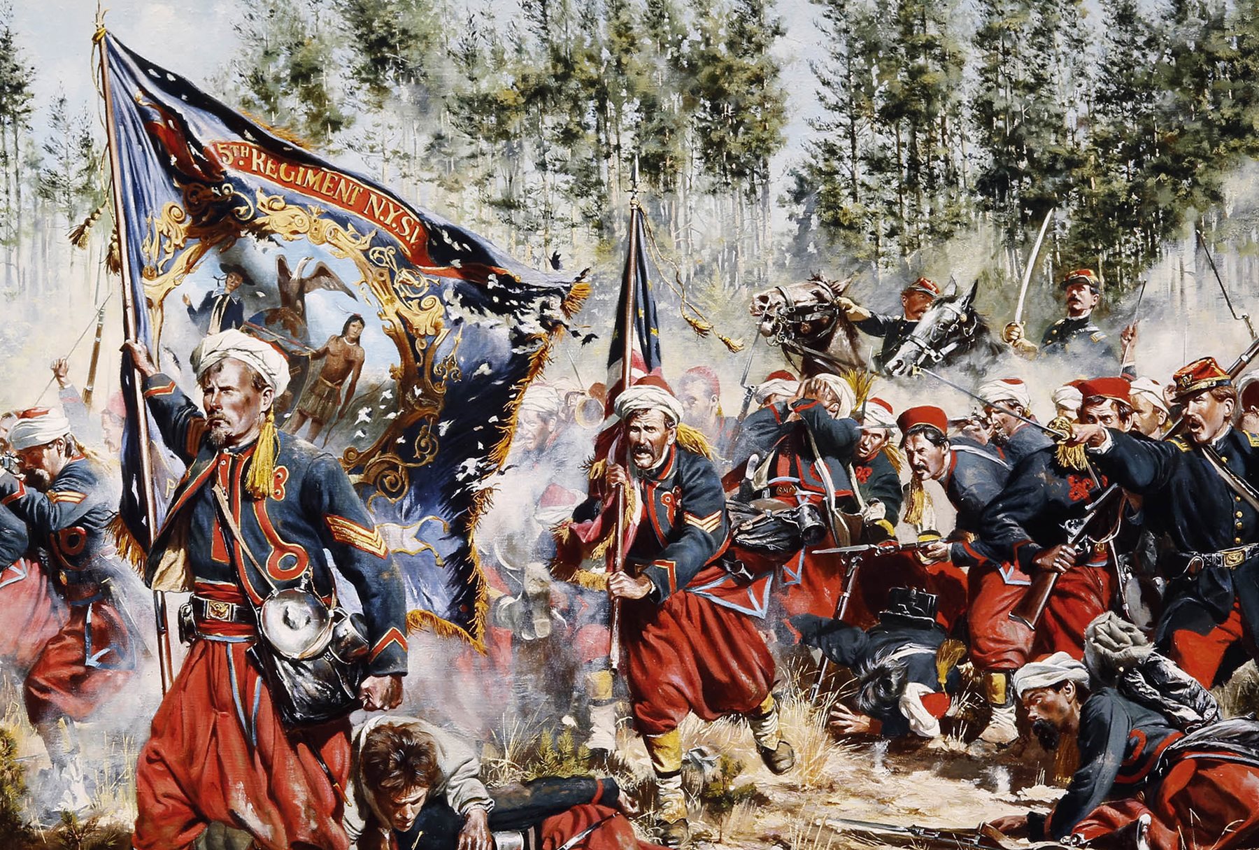 This painting shows Duryee&rsquo;s Zouaves, the 5th New York regiment, charging into the Battle of Gaines&rsquo; Mill in 1862, where they and other Union forces were defeated.