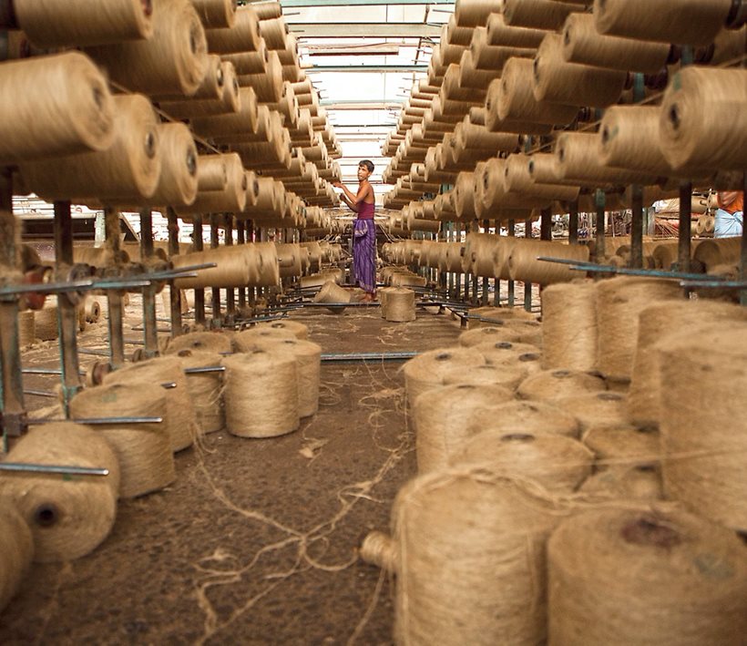 Although jute is still the raw material of burlap and high-tensile natural twine, demand plunged in the 1950s with the development of plastics. Now, fewer factories produce jute bags and twine, such as this one in Chittagong in southeast Bangladesh.