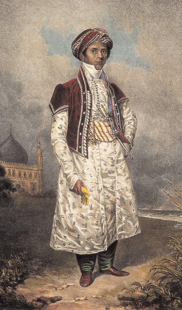 A colored lithograph shows Sake Dean Mahomed circa 1820, six years after he started his steam-bathing business, which he promoted through books including this one, below, published in 1826. He is wearing an ensemble based on traditional Indian attire.