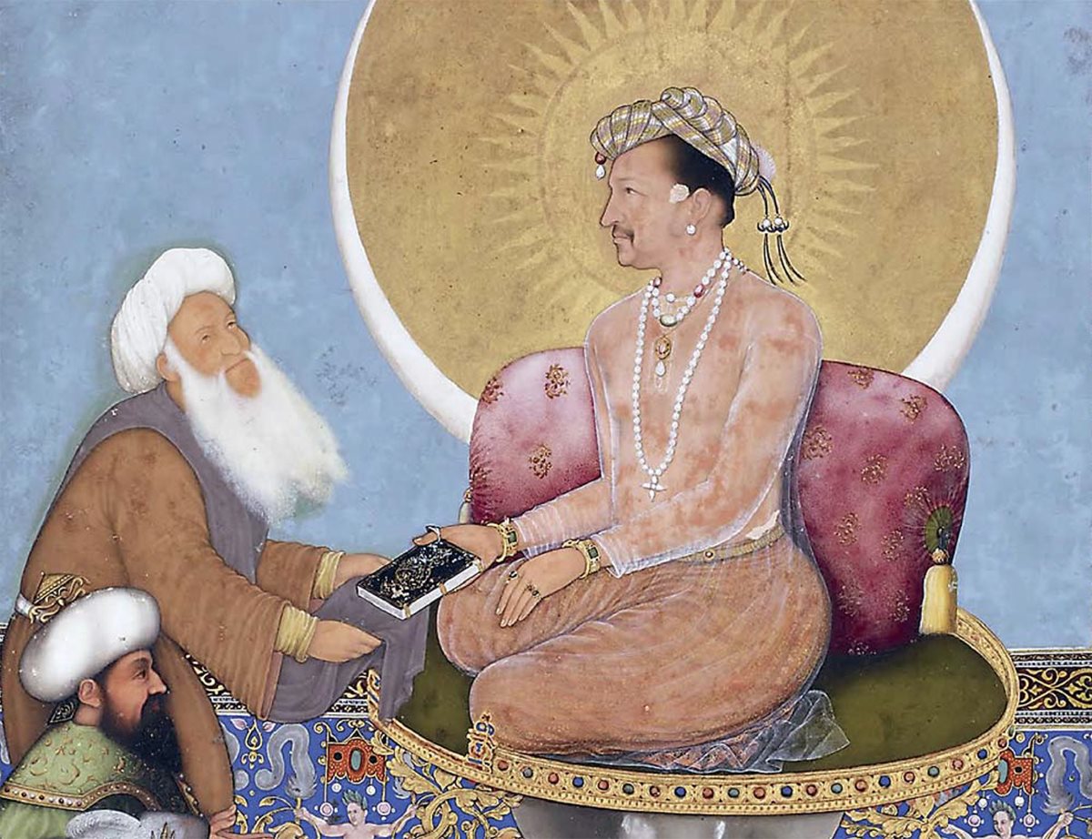 In this detail of another 17th-century painting by Bichtir, a devout Muslim practitioner receives the Qu’ran, Islam’s holy book, from a seated Jahangir, the fourth Mughal emperor. At lower left, an Ottoman sultan looks on deferentially. The hierarchy reflects not only Jahangir’s position, but also his responsibility to advance scholarship.