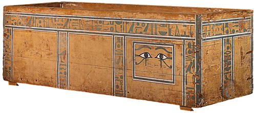 The painting on this rectangular wooden coffin has mostly faded, but the protective, kohl-lined eyes of Horus endure. 