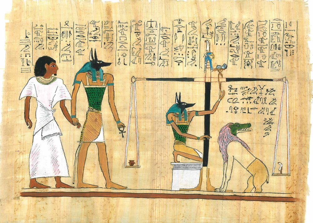 In the presence of Osiris, god of resurrection and the underworld, Anubis, the jackal-headed god of embalming, places the heart of the deceased on a scale opposite a feather.