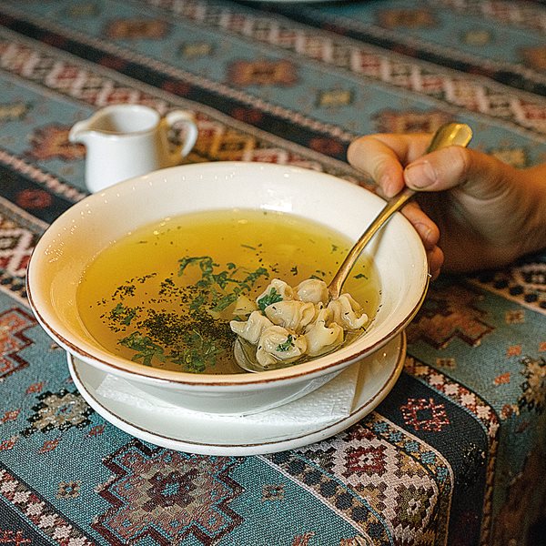 Traditional dushbara is made from only minced lamb, flour and eggs. But don’t let these dumplings’ sparse ingredients fool you—they take immense skill to make, and the spicy broth in which they simmer sets one cook’s dish apart from another’s.