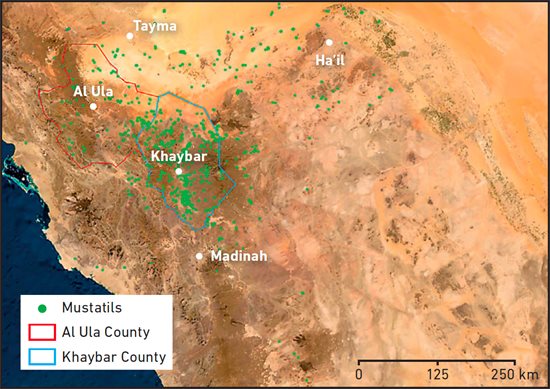 The distribution of mustatils mapped to date show them clustered in northwestern Saudi Arabia.