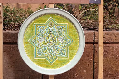 Among the Design Hub’s inaugural collection were, top, “Muzhir Tea Box,” by Nesreen Sharara, who used materials and a pattern inspired by the minbar of Abu Bakr Mazhar (see opposite, lower). “Lajin Tray,” above, by Hana al-Masry, uses a star and arabesque from the minbar of Sultan Lajin. right Tuhfajji (traditional carpenter) Sabry Saber made “Mu’ayyad Table” with a 12-point design found along the balustrade of the minbar of Sultan al-Mu’ayyad Shaykh.