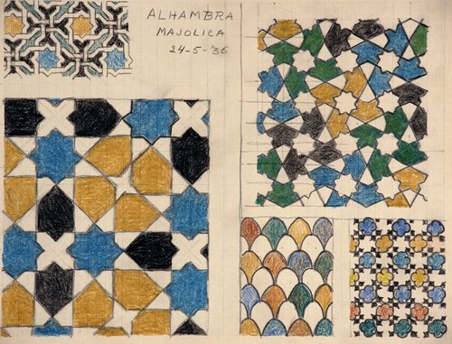 In 1936 he returned to the Alhambra and filled pages of his sketchbook with more patterns that informed his designs for the rest of his career. Referring to the interlocking symmetries of the patterns before him, he exclaimed in his journal, “How come no one has seen it before!”