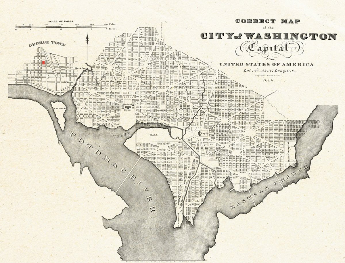 <p>The location of Yarrow Mamout&rsquo;s home in Georgetown is marked in red <em>above&nbsp;</em>on this 1820 map of Washington and its environs. <em>Below right</em>: Enslaved people pass in front of the <span class="smallcaps">us</span> Capitol around 1815.</p>

