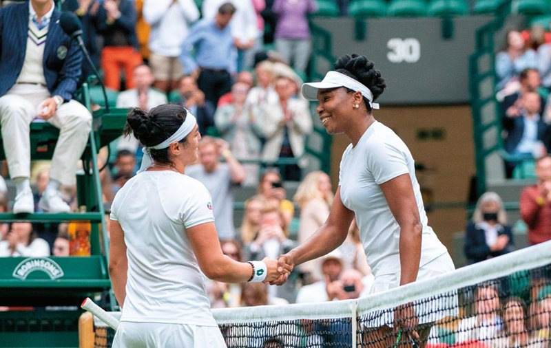 Jabeur shakes the hand of Venus Williams after defeating her on day three of Wimbledon last June. Williams’s sister and former No. 1-ranked Serena Williams expressed her support for Jabeur’s success on and off the court, where Jabeur is an increasingly popular role model worldwide. 