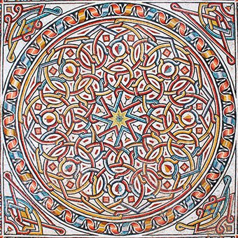 <p style="font-family: Lato, sans-serif; font-size: 16px;">A ribbon band echoes the more complex band around the hall&rsquo;s central mosaic; the panel&rsquo;s central, eight-pointed star with surrounding chevrons presages wood and tile patterns of later Islamic designs.</p>
