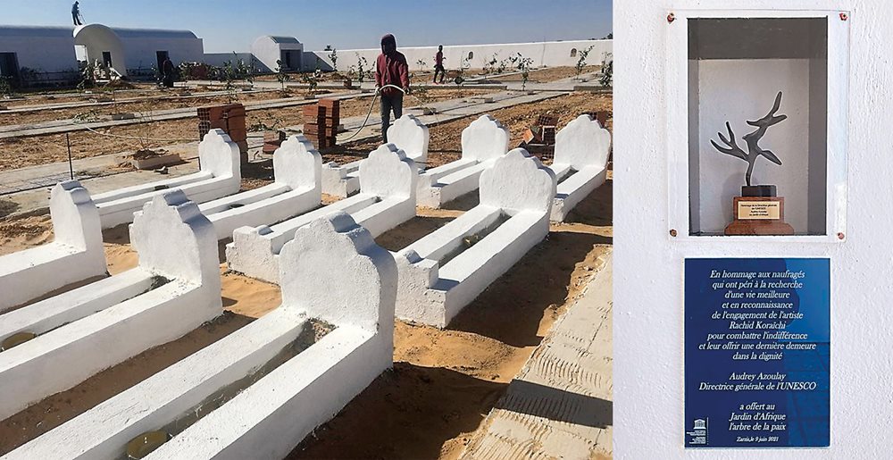 Left The Garden of Africa is designed to accommodate the remains of up to 600 people. right The Tree of Peace, a sculpture by artist Hedva Ser, was presented to Koraïchi by UNESCO at the cemetery’s opening on June 9, 2021.