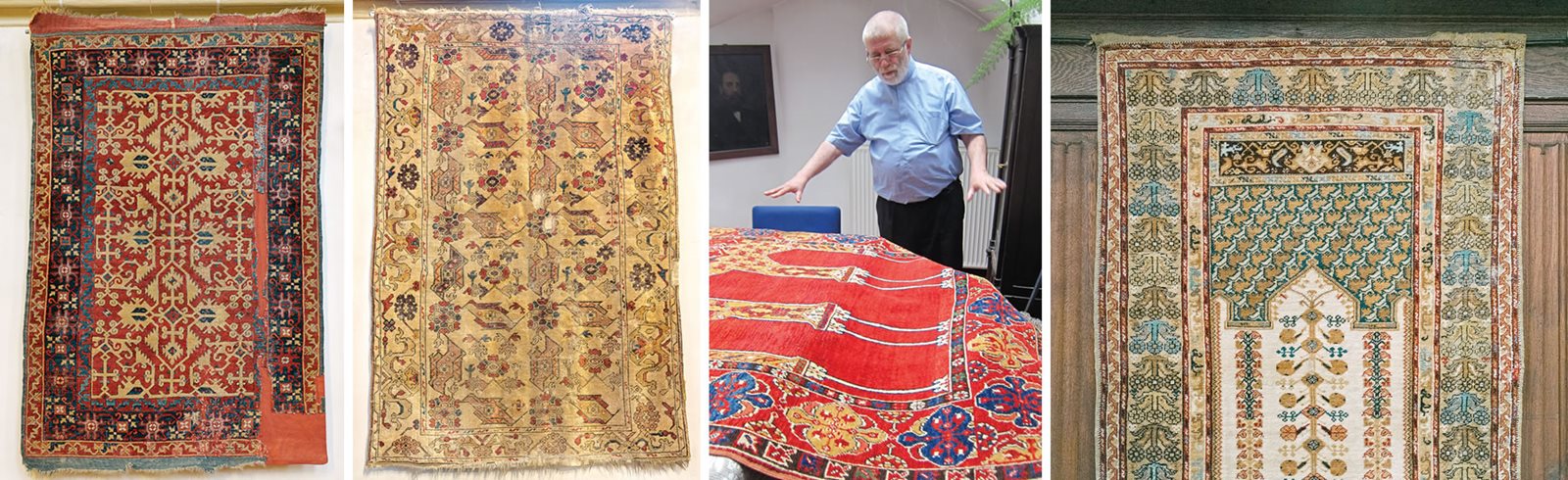 <i>Left to right</i>: A Lotto and a Selendi &ldquo;bird&rdquo; carpet both hang in St. Margaret&rsquo;s Church in Mediaş. In the northern Transylvanian town of Bistriţa, Pastor Hans Dieter Krauss displays a replica of a column carpet. Its original is among 53 Bistriţa carpets taken in 1944 for safekeeping in Nuremberg, where they await return for secure display in their home country. A Kula prayer rug with floral arabesques and a decorated trellis in the Black Church.