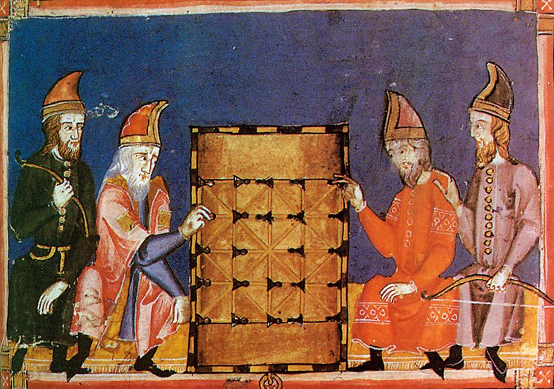 Compiled in Toledo in about 1283 <span class="smallcaps">ce</span>, Alfonso <span class="smallcaps">x&#39;s</span> <i>Libro de Axedrez</i> or <i>Libro de los Juegos</i> (<i>Book of Chess </i>or<i> Book of Games</i>) has among its many illustrations this group of European men playing the game that evolved into checkers: <i>alquerque</i>, from the Arabic <i>al-qirqat</i>. The players are dressed in buttoned robes that look similar to those worn by Muslims who are depicted elsewhere in the book.