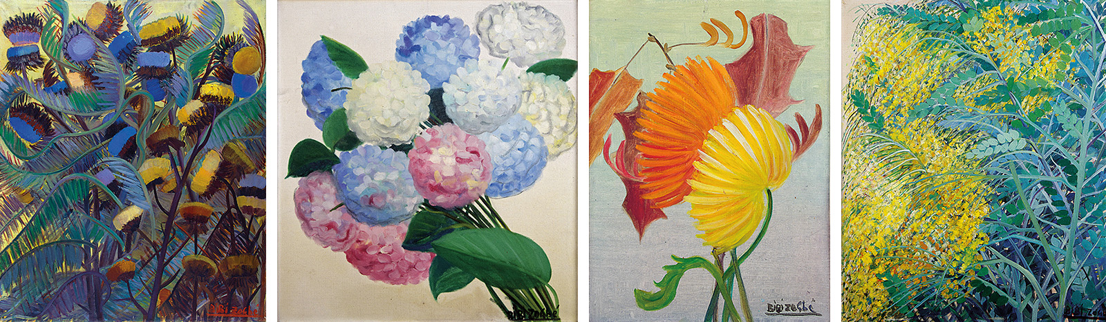 <b>from left</b> Untitled and undated, oil on canvas; “Hydrangeas,” 1942, oil on canvas, 65 x 60 centimeters; “Chrysanthemums,” 1975, oil on canvas, 40 x 30 centimeters; “Japanese Apple Tree,” undated, oil on hardboard, 70 x 60 centimeters.