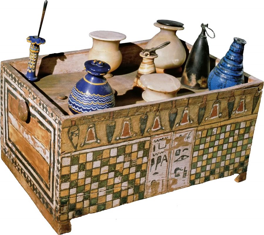 This decorated wooden box of flasks and jars for fragrances, oils and cosmetics was found in the tomb of Merit, wife of a royal architect during Egypt’s 18th dynasty in the court of Amenhotep iii, who ruled between 1386 and 1349 bce.