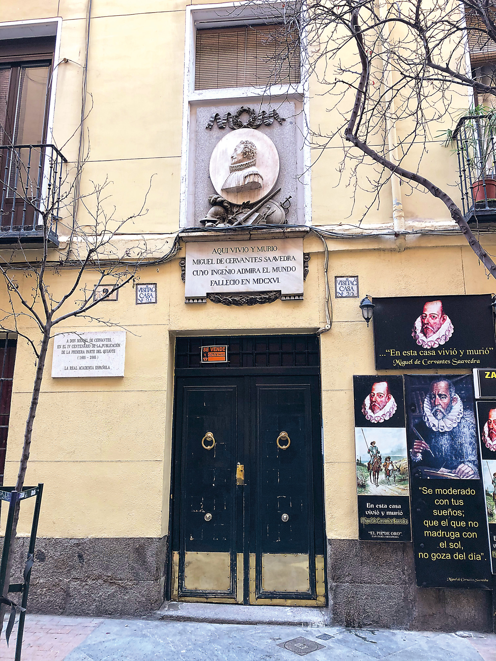 In central Madrid, Cervantes lived at No. 2 on the street now called Calle Cervantes, although the building he inhabited was demolished in the 19th century. 